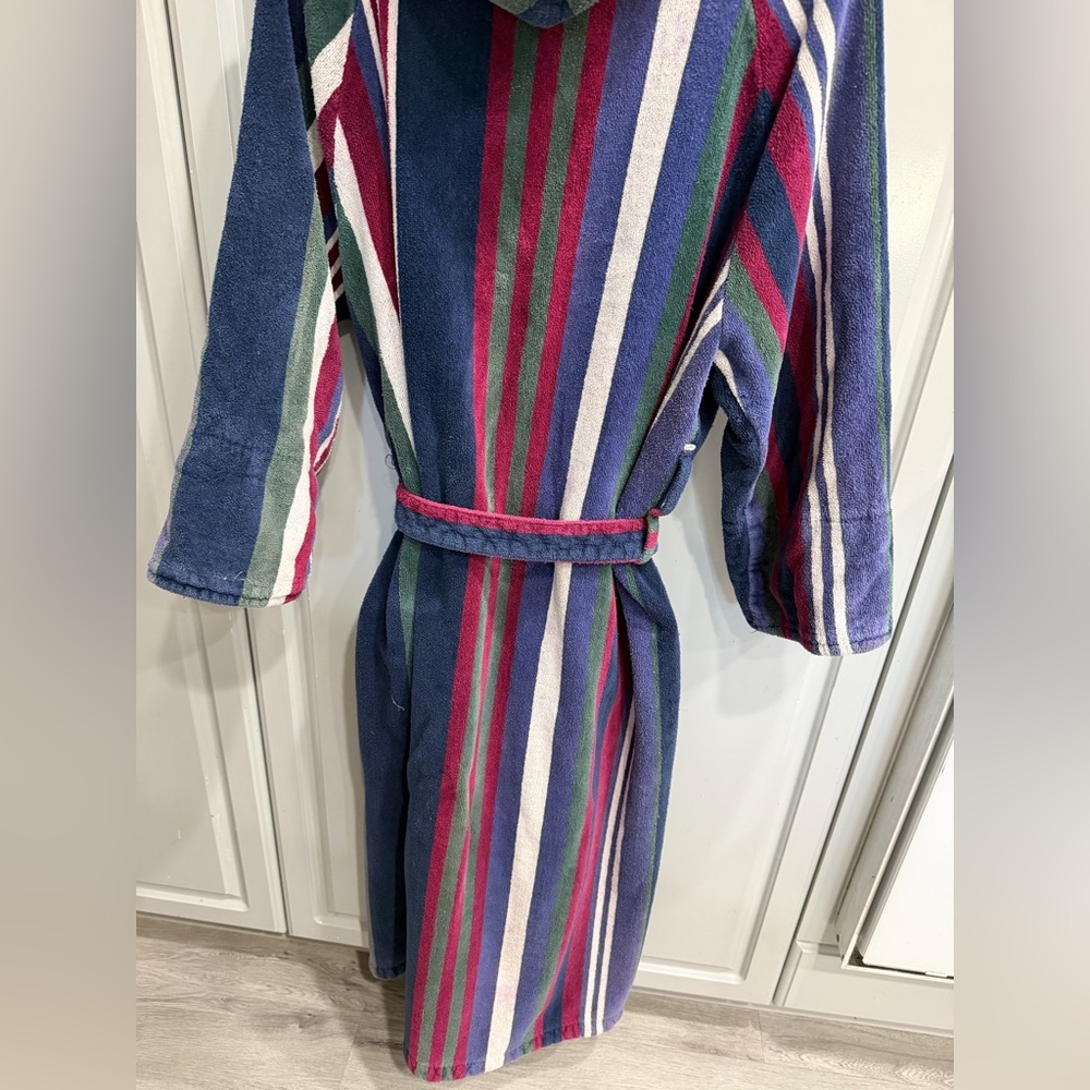 BILL BLASS Terry Cloth Vintage Striped Hooded Bathrobe belt & pockets 3/4 sleeve - Picture 9 of 15